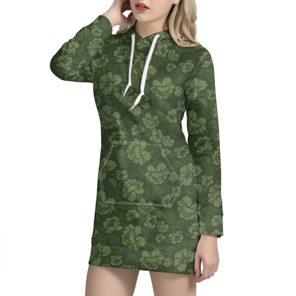 Military Green Camo Flower Pattern Print Hoodie Dress