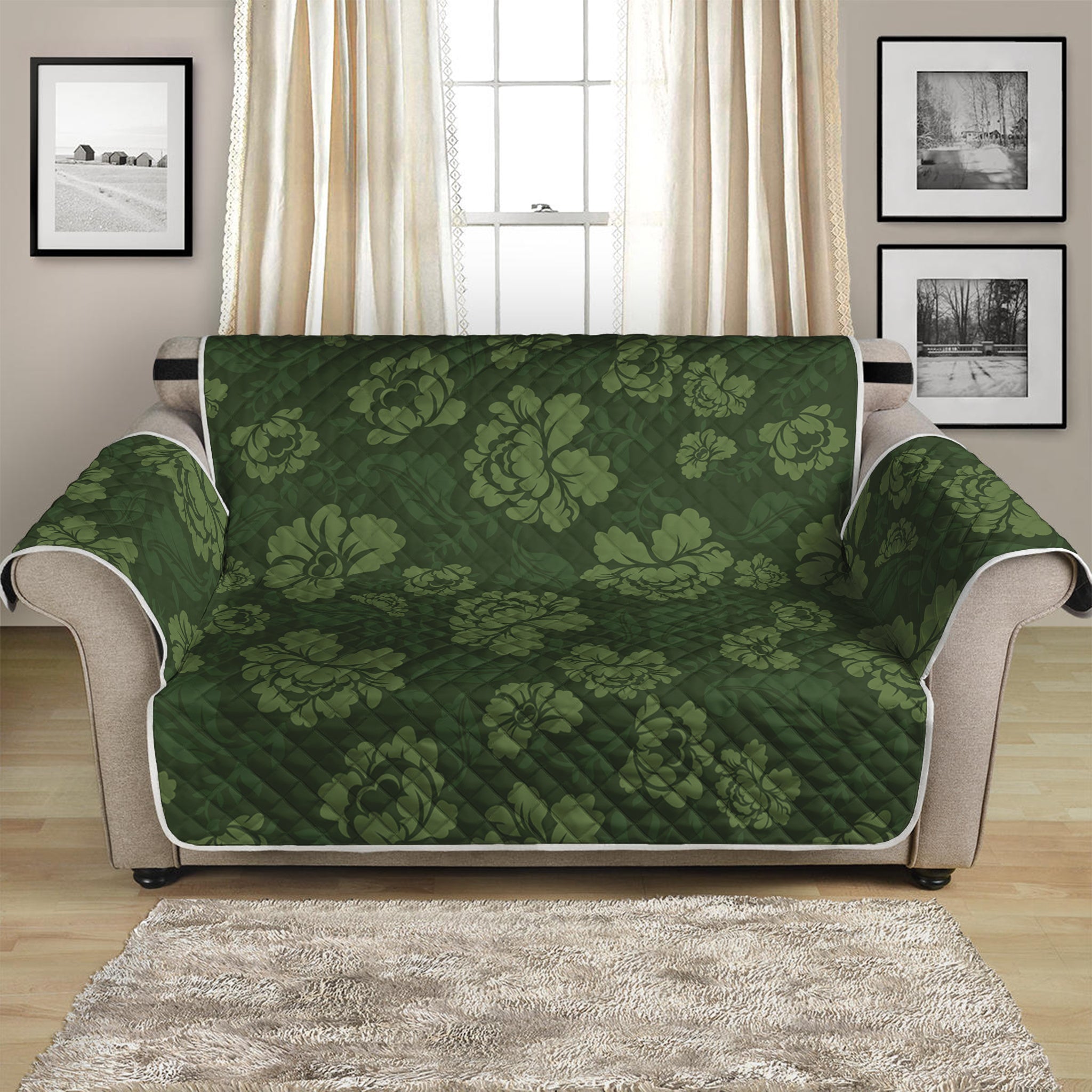 Military Green Camo Flower Pattern Print Loveseat Protector