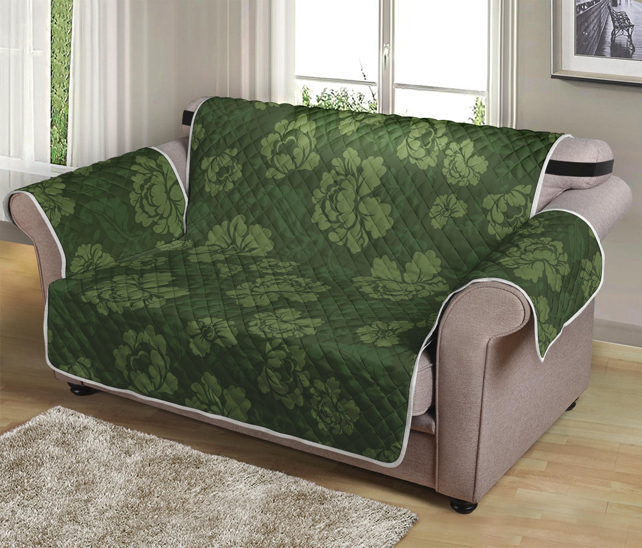 Military Green Camo Flower Pattern Print Loveseat Protector