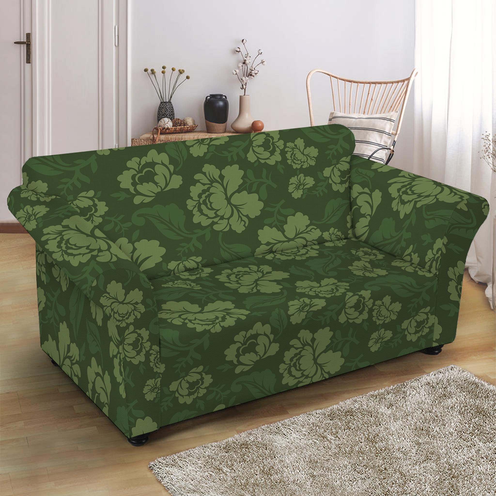 Military Green Camo Flower Pattern Print Loveseat Slipcover