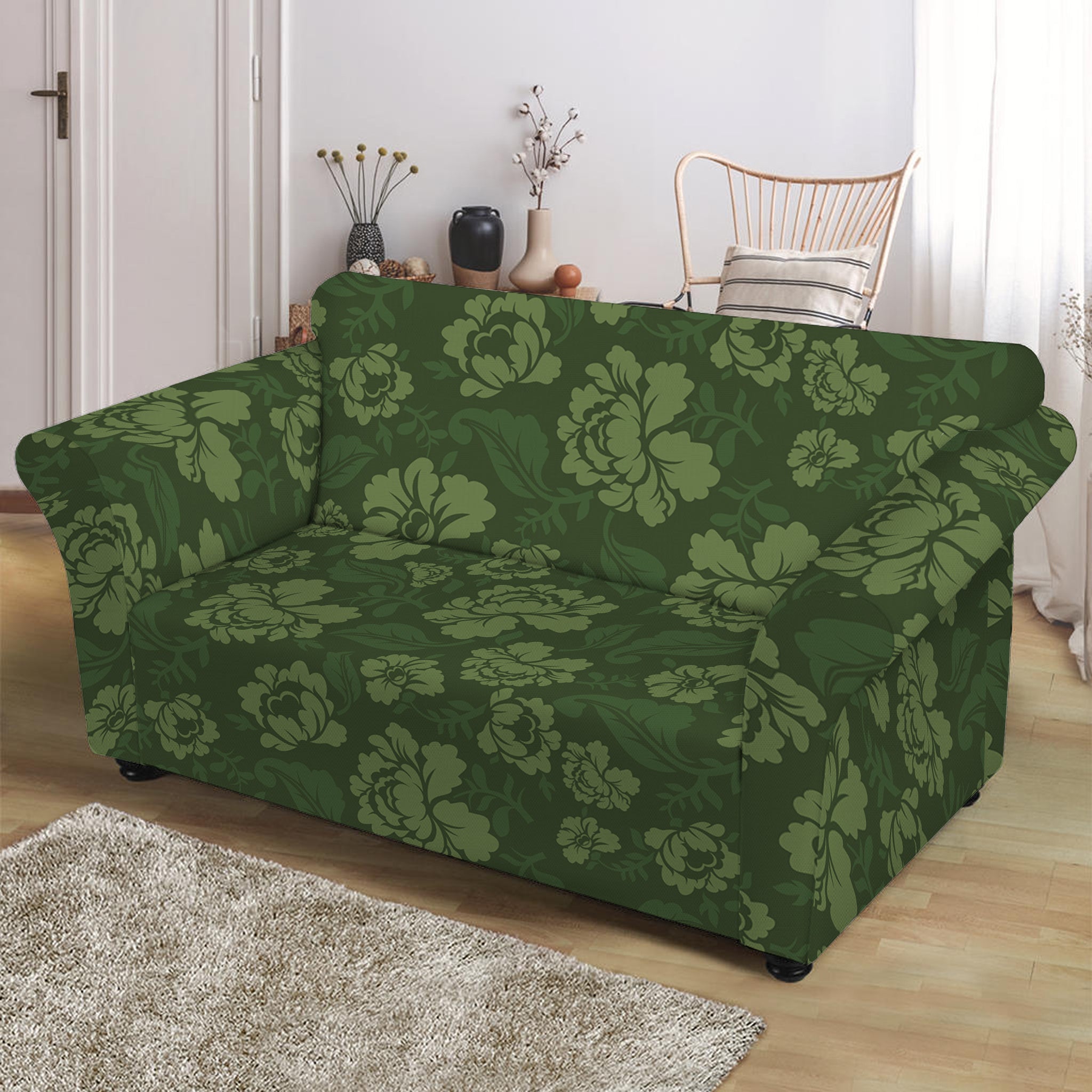 Military Green Camo Flower Pattern Print Loveseat Slipcover