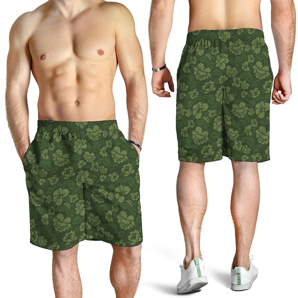 Military Green Camo Flower Pattern Print Men's Shorts