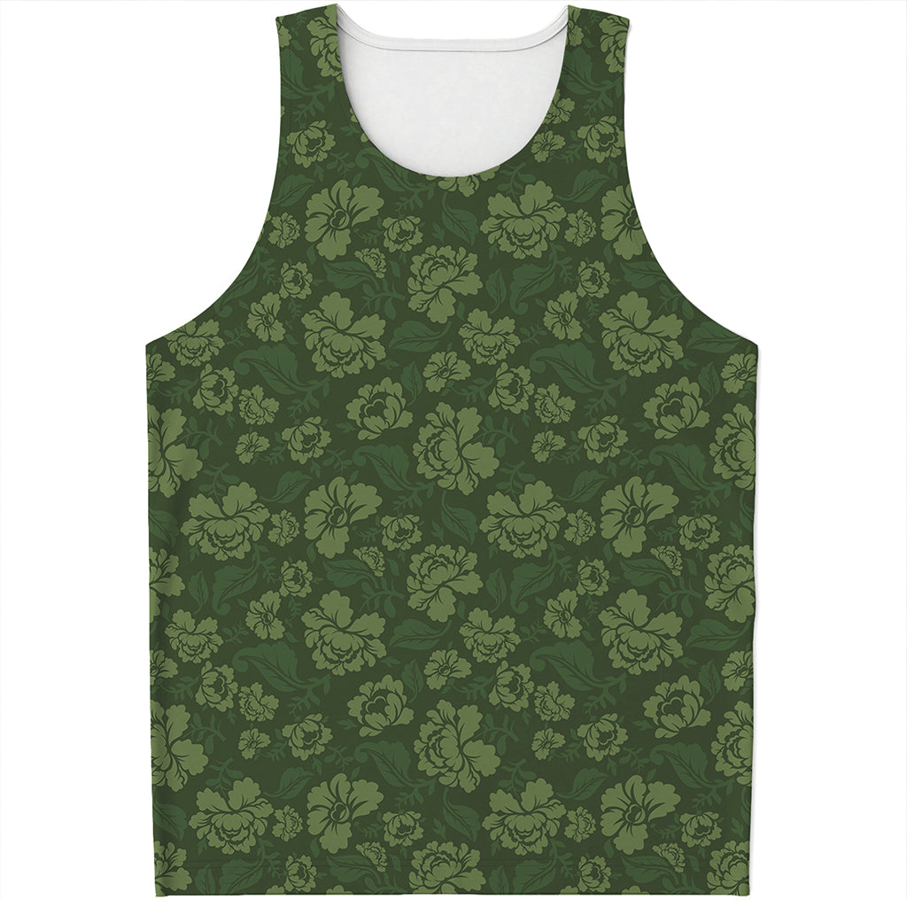 Military Green Camo Flower Pattern Print Men's Tank Top