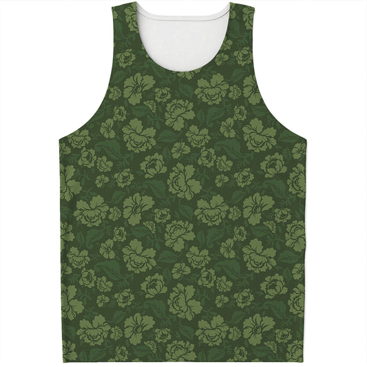 Military Green Camo Flower Pattern Print Men's Tank Top