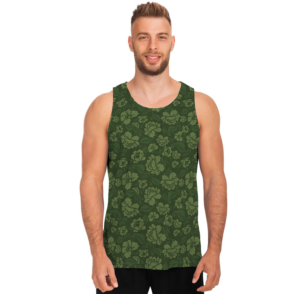 Military Green Camo Flower Pattern Print Men's Tank Top