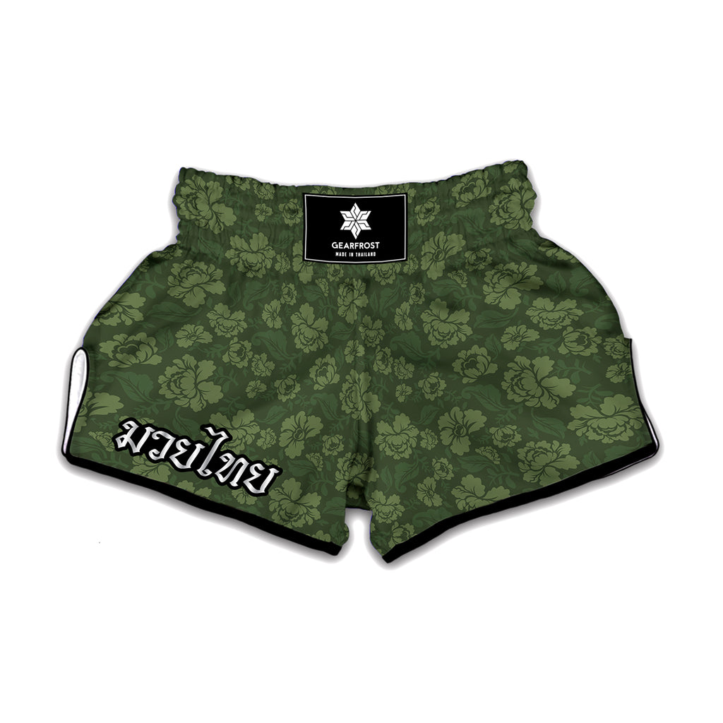 Military Green Camo Flower Pattern Print Muay Thai Boxing Shorts