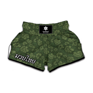 Military Green Camo Flower Pattern Print Muay Thai Boxing Shorts