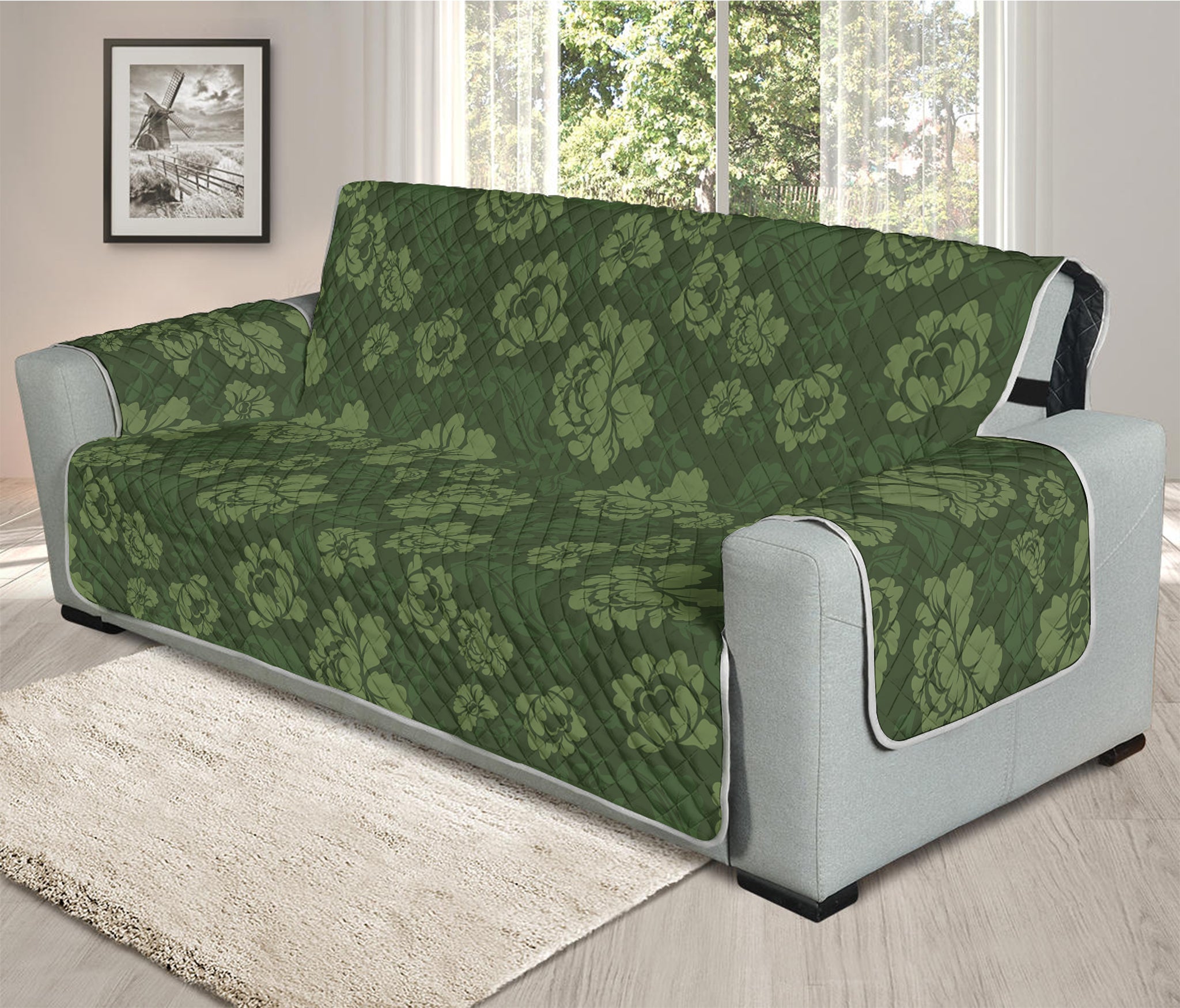 Military Green Camo Flower Pattern Print Oversized Sofa Protector