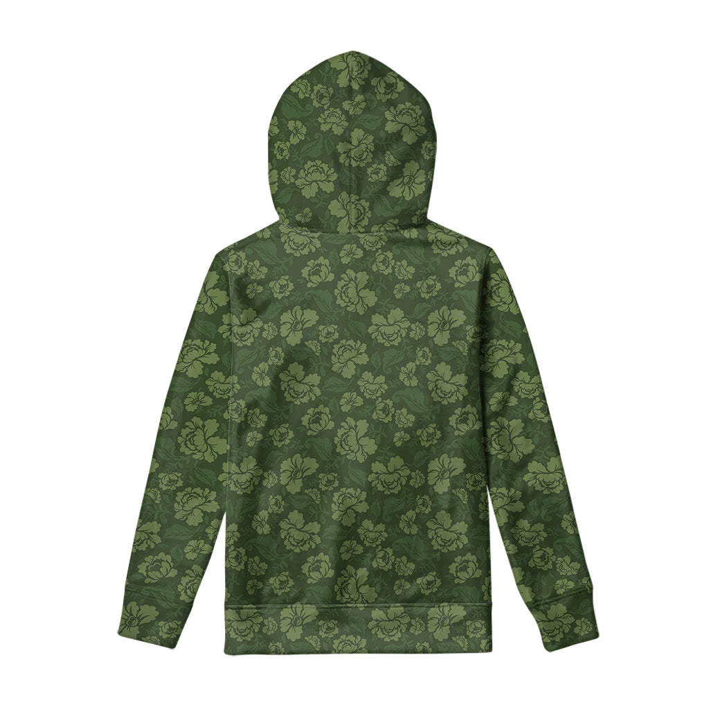 Military Green Camo Flower Pattern Print Pullover Hoodie