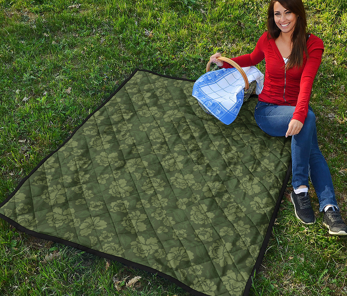 Military Green Camo Flower Pattern Print Quilt