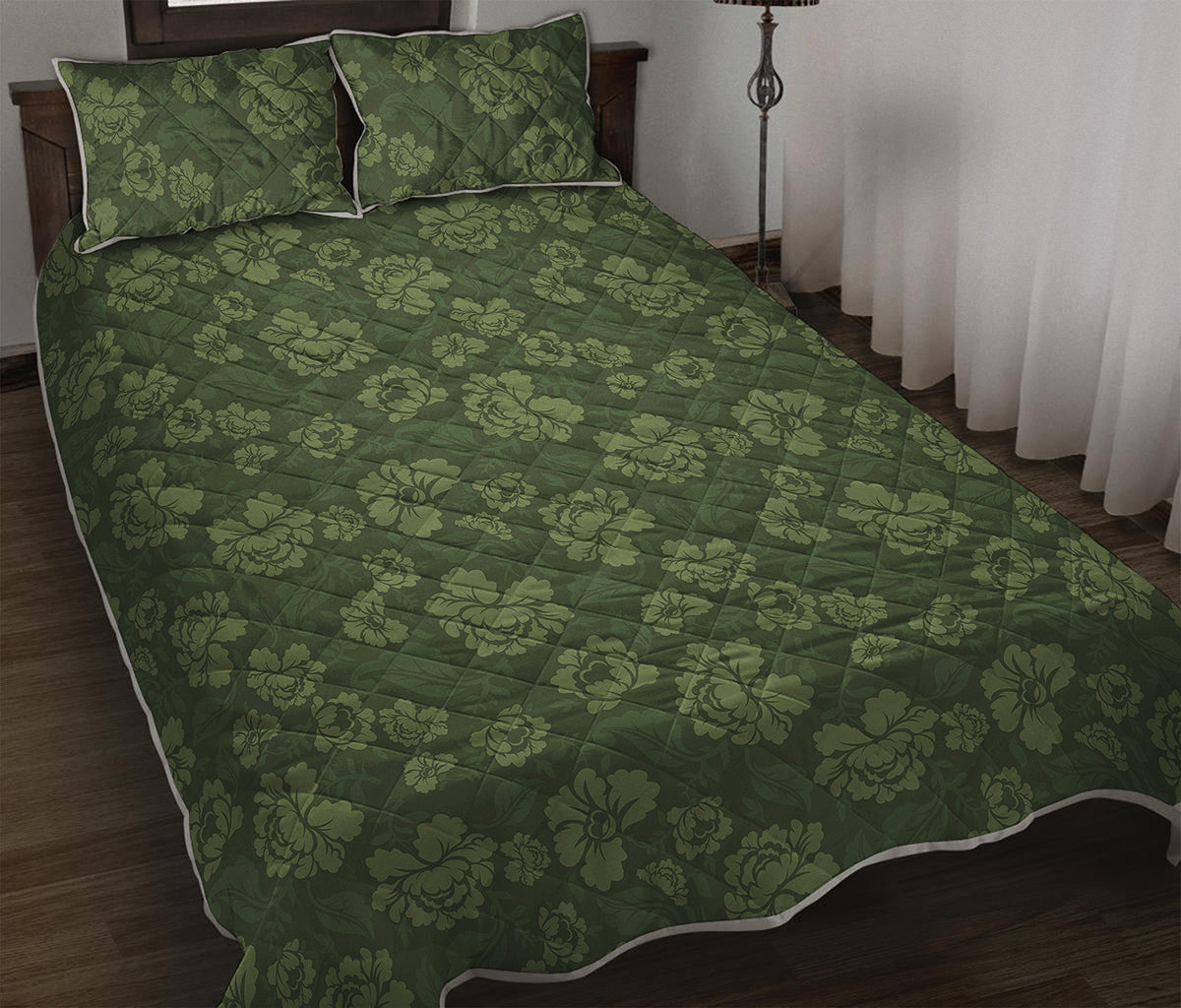 Military Green Camo Flower Pattern Print Quilt Bed Set