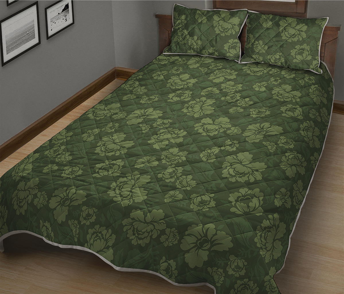 Military Green Camo Flower Pattern Print Quilt Bed Set