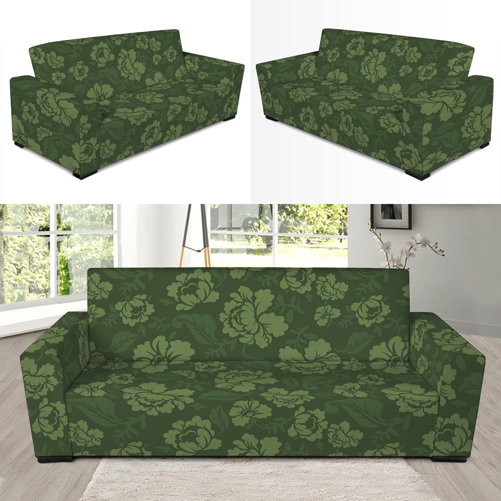 Military Green Camo Flower Pattern Print Sofa Slipcover