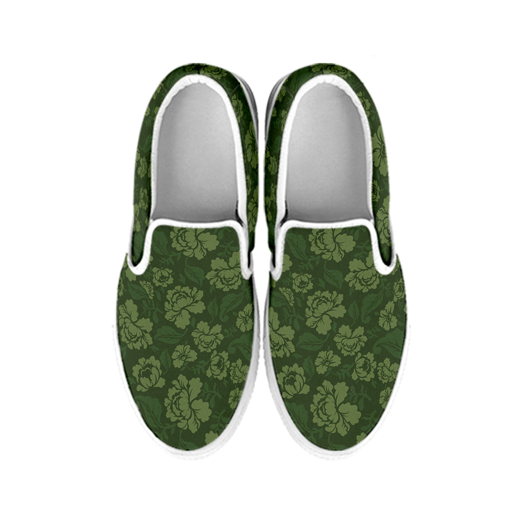 Military Green Camo Flower Pattern Print White Slip On Shoes