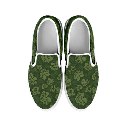 Military Green Camo Flower Pattern Print White Slip On Shoes