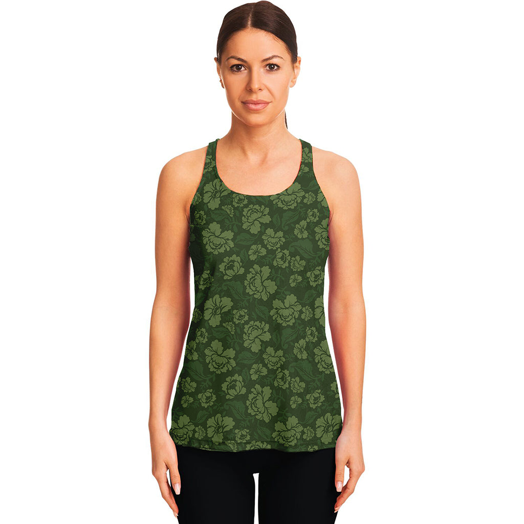 Military Green Camo Flower Pattern Print Women's Racerback Tank Top