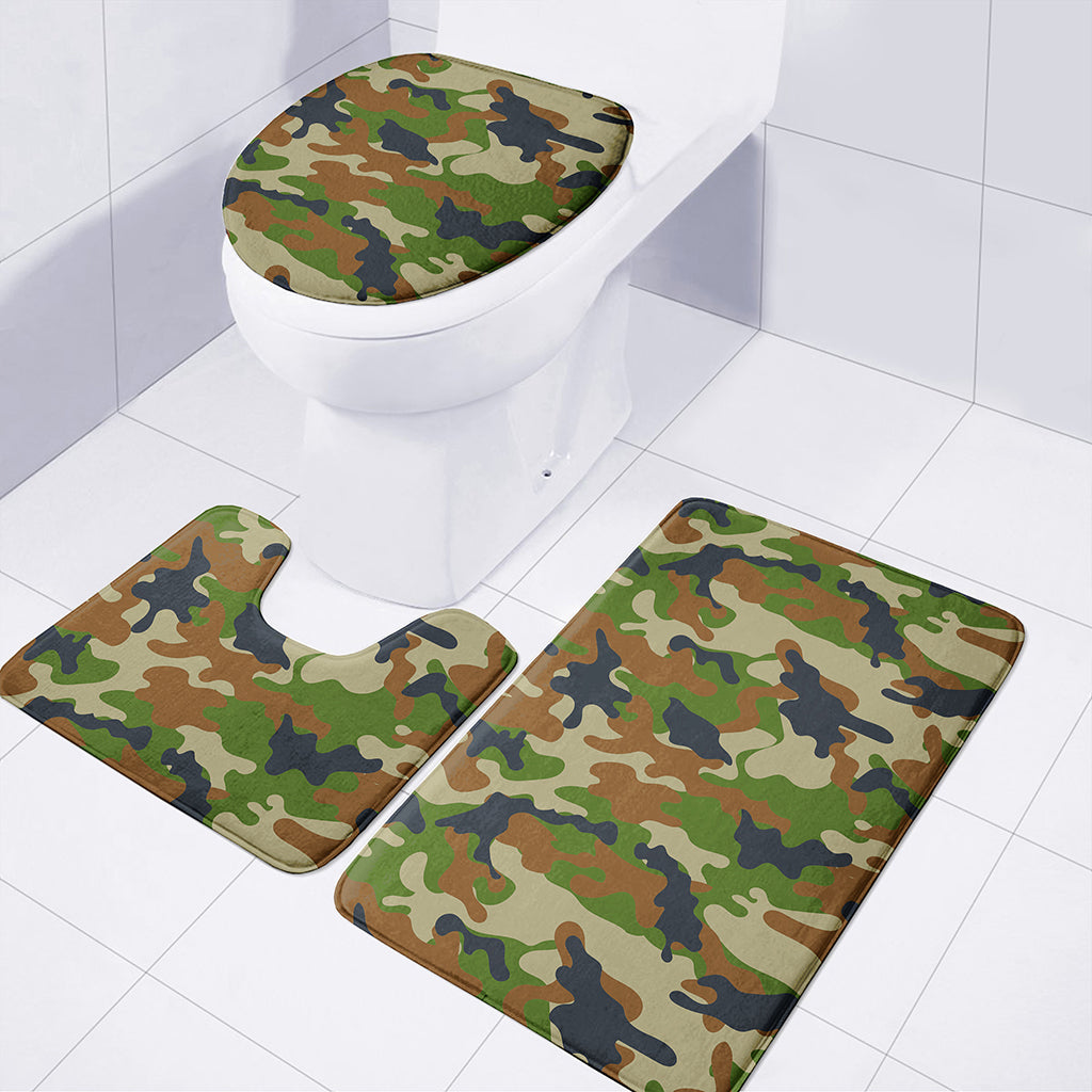 Military Green Camouflage Print 3 Piece Bath Mat Set