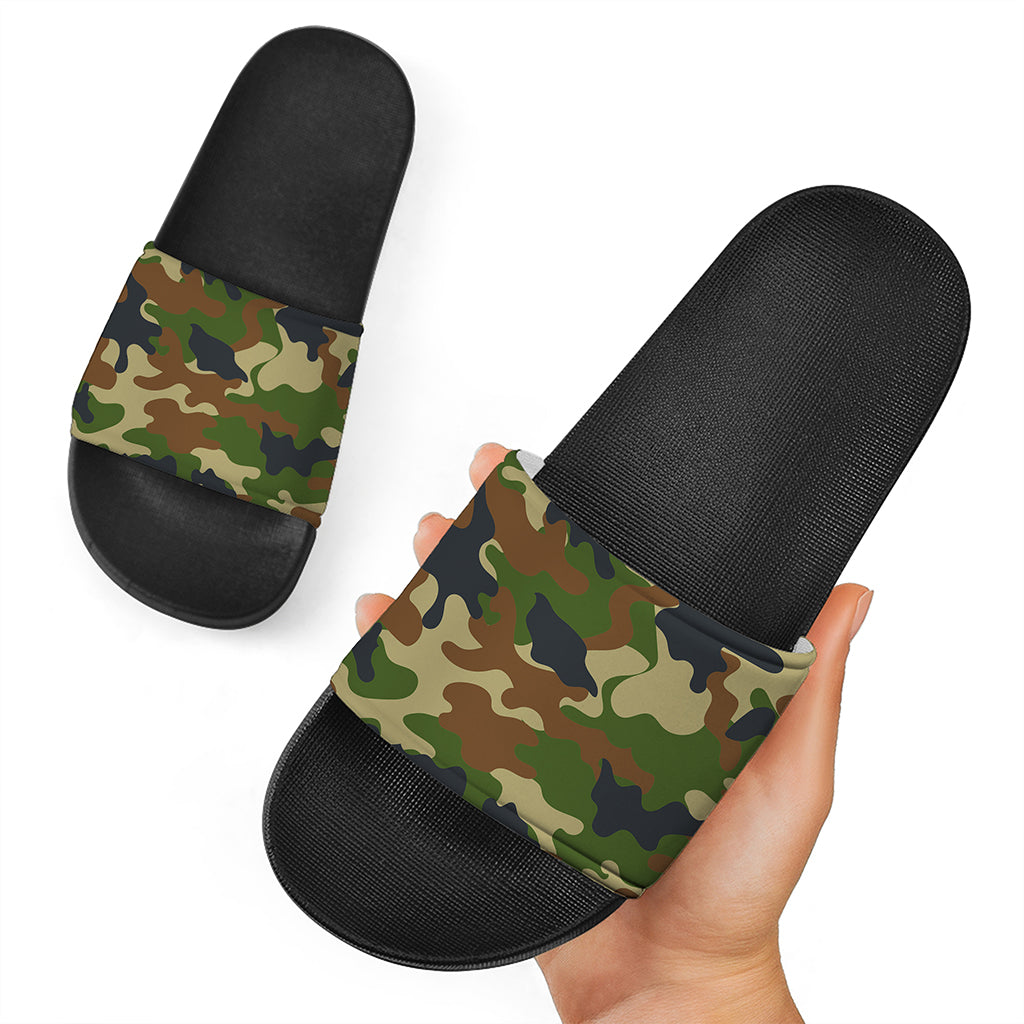 Military Green Camouflage Print Black Slide Sandals
