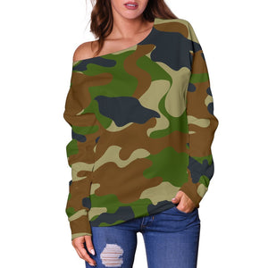 Military Green Camouflage Print Off Shoulder Sweatshirt GearFrost
