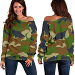 Military Green Camouflage Print Off Shoulder Sweatshirt GearFrost