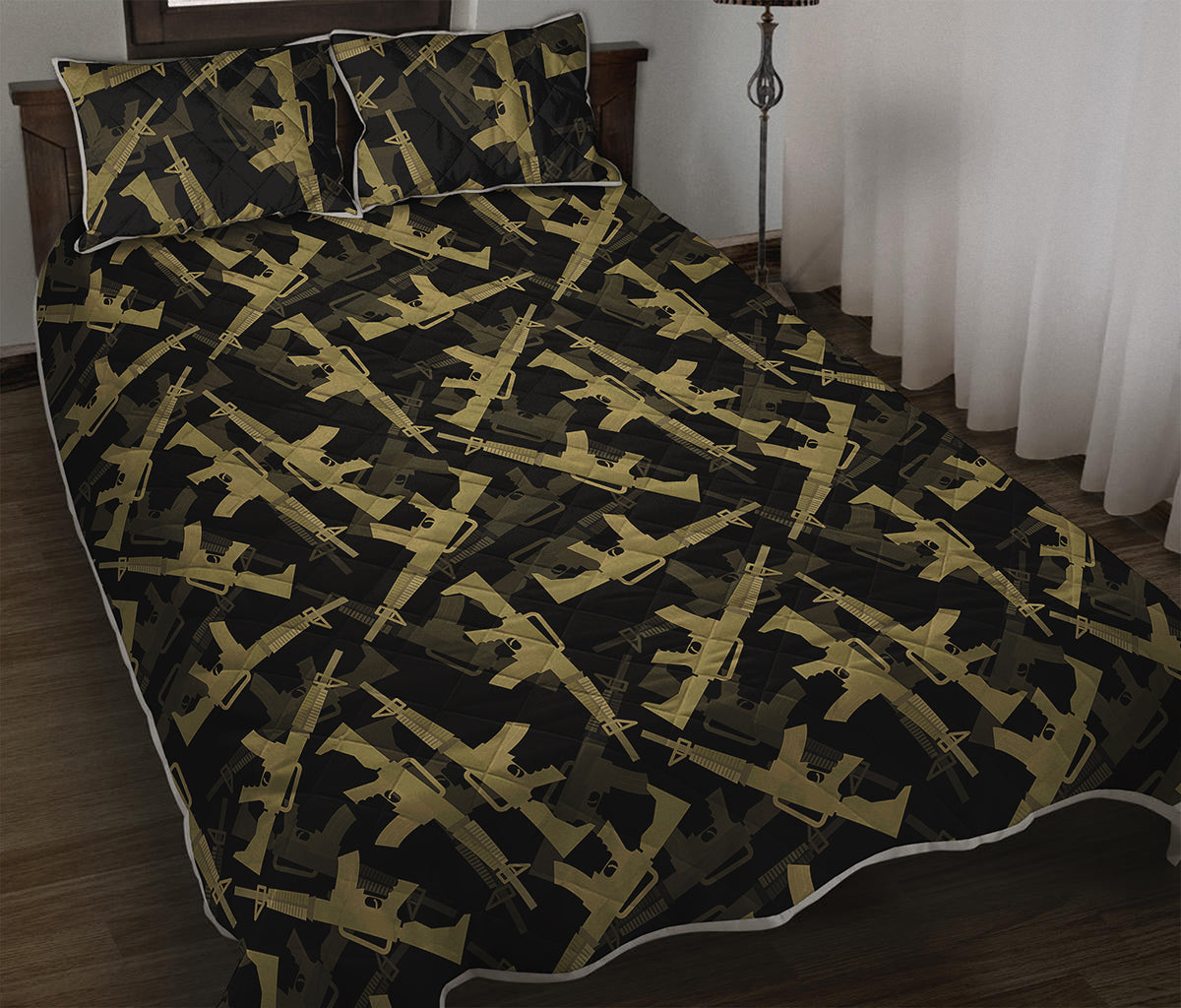 Military Guns Pattern Print Quilt Bed Set