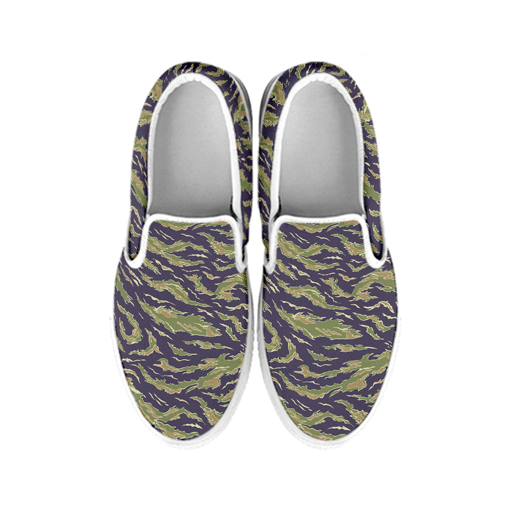 Military Tiger Stripe Camouflage Print White Slip On Shoes