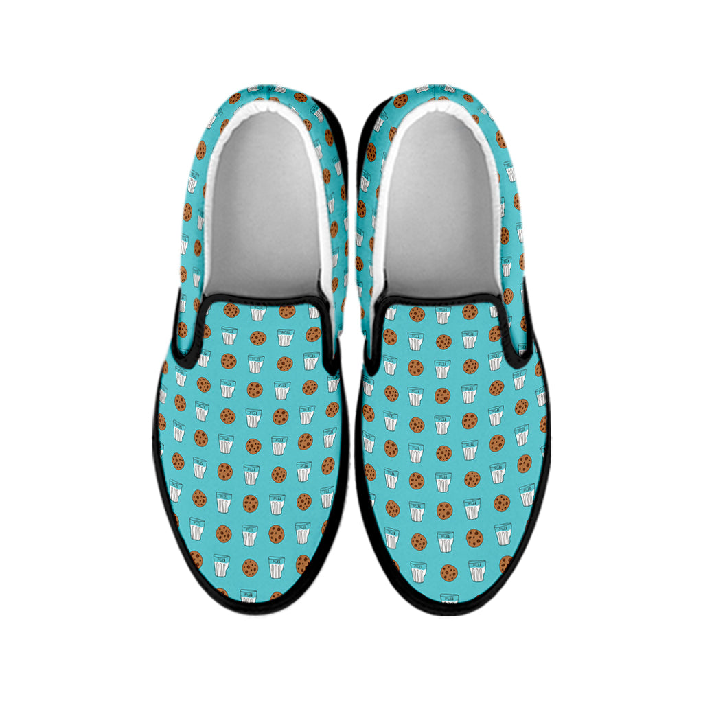 Milk And Cookies Pattern Print Black Slip On Shoes