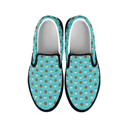 Milk And Cookies Pattern Print Black Slip On Shoes