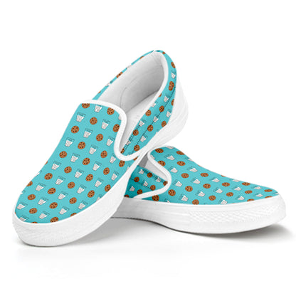 Milk And Cookies Pattern Print White Slip On Shoes