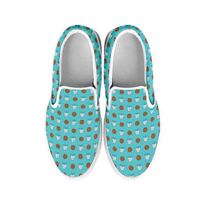 Milk And Cookies Pattern Print White Slip On Shoes
