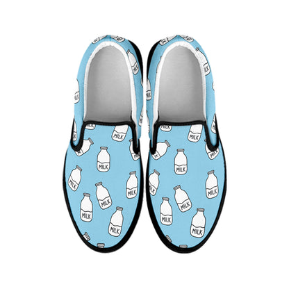 Milk Bottle Cartoon Pattern Print Black Slip On Shoes