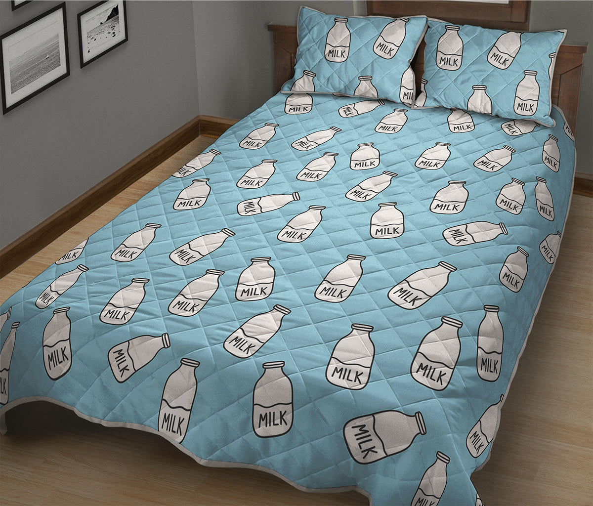 Milk Bottle Cartoon Pattern Print Quilt Bed Set