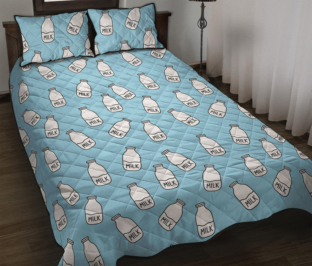 Milk Bottle Cartoon Pattern Print Quilt Bed Set