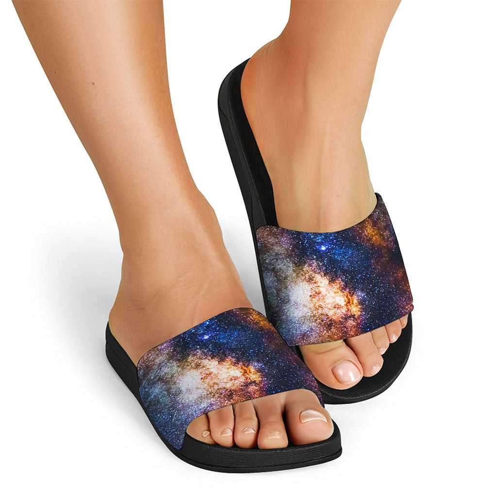 Milky Way Universe Galaxy Space Print Black Slide Sandals