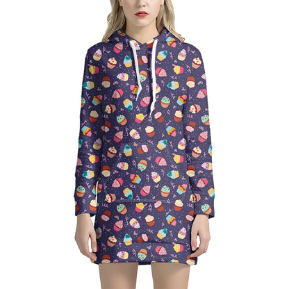 Mini Cupcake Pattern Print Hoodie Dress
