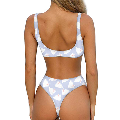 Mini Rabbit Pattern Print Front Bow Tie Bikini