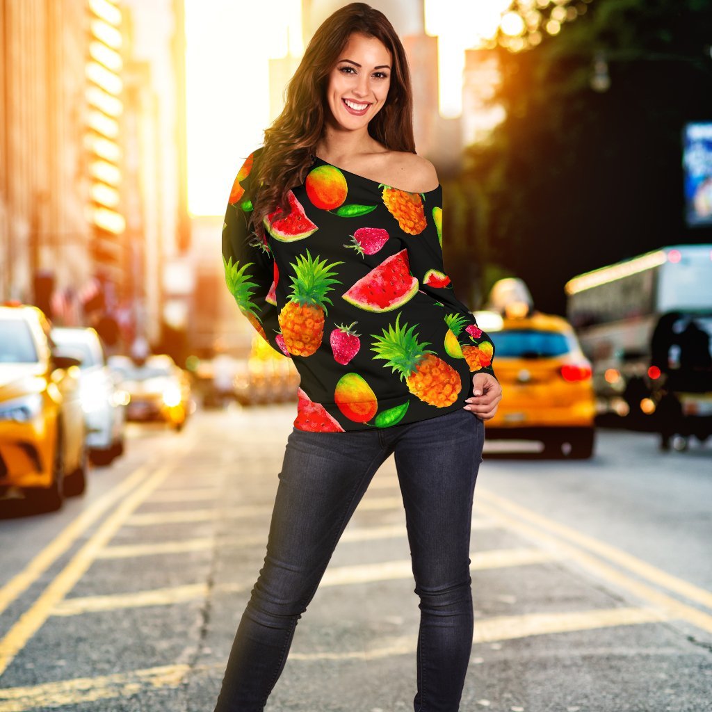 Mix Fruit Pineapple Pattern Print Off Shoulder Sweatshirt GearFrost