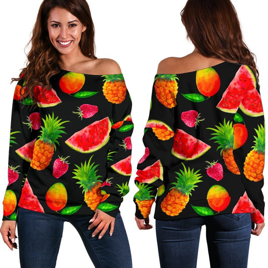 Mix Fruit Pineapple Pattern Print Off Shoulder Sweatshirt GearFrost
