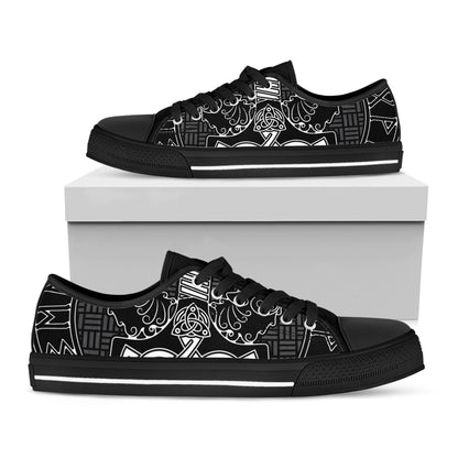 Mjolnir And Scandinavian Runes Print Black Low Top Shoes 