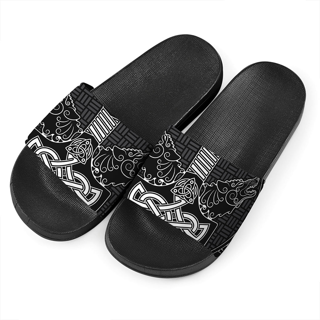Mjolnir And Scandinavian Runes Print Black Slide Sandals