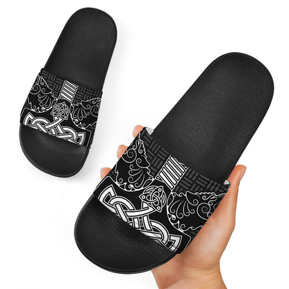 Mjolnir And Scandinavian Runes Print Black Slide Sandals
