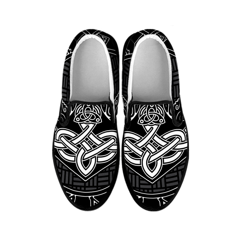 Mjolnir And Scandinavian Runes Print Black Slip On Shoes