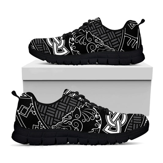 Mjolnir And Scandinavian Runes Print Black Sneakers