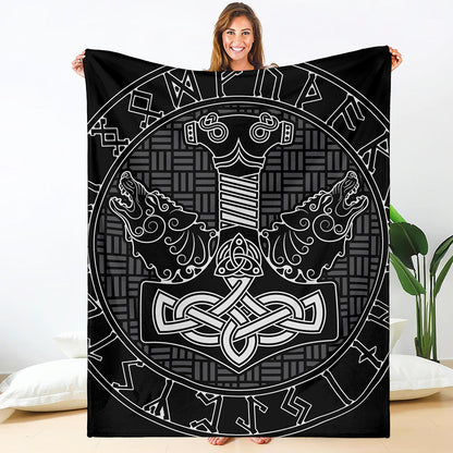 Mjolnir And Scandinavian Runes Print Blanket