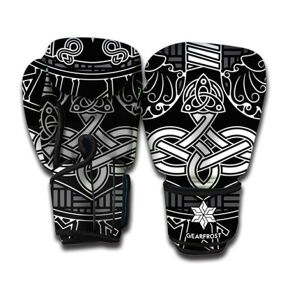 Mjolnir And Scandinavian Runes Print Boxing Gloves