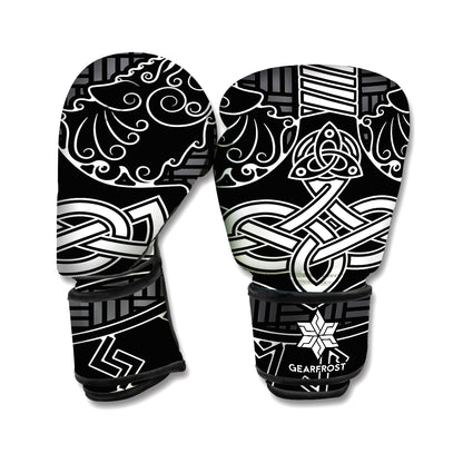 Mjolnir And Scandinavian Runes Print Boxing Gloves