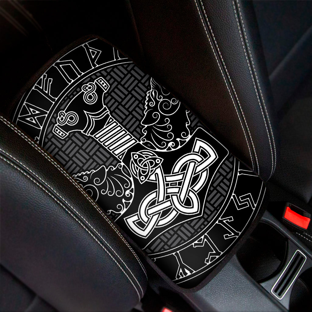 Mjolnir And Scandinavian Runes Print Car Center Console Cover