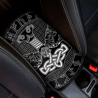 Mjolnir And Scandinavian Runes Print Car Center Console Cover