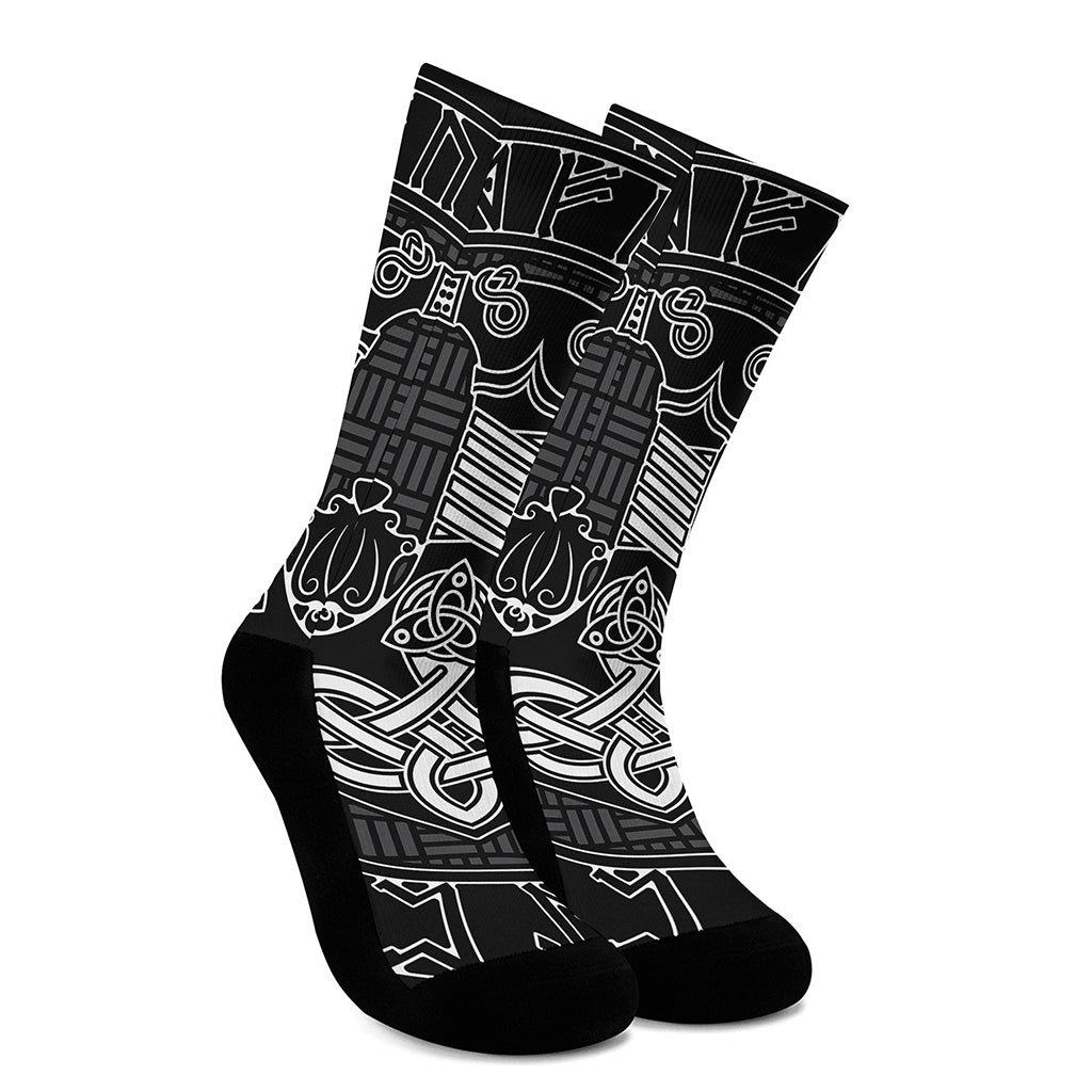 Mjolnir And Scandinavian Runes Print Crew Socks