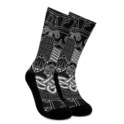 Mjolnir And Scandinavian Runes Print Crew Socks